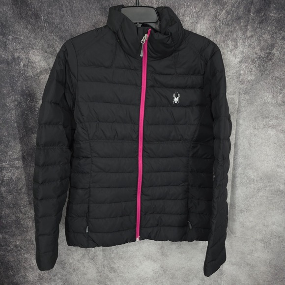 Spyder Prymo Puffer Down Jacket Womens Large Black Pink Coat Winter Ski Snow - Picture 4 of 16